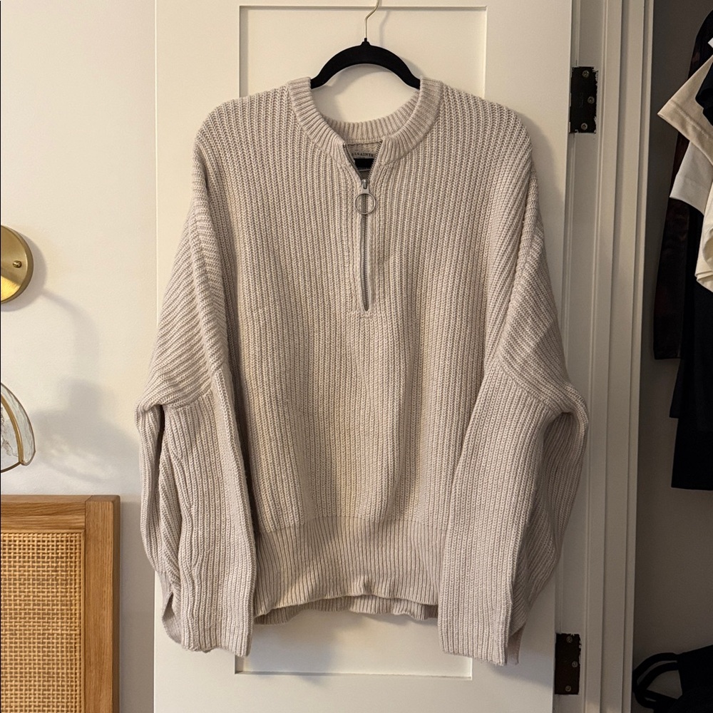 All Saints Cream Ribbed Half-Zip Wool Sweater